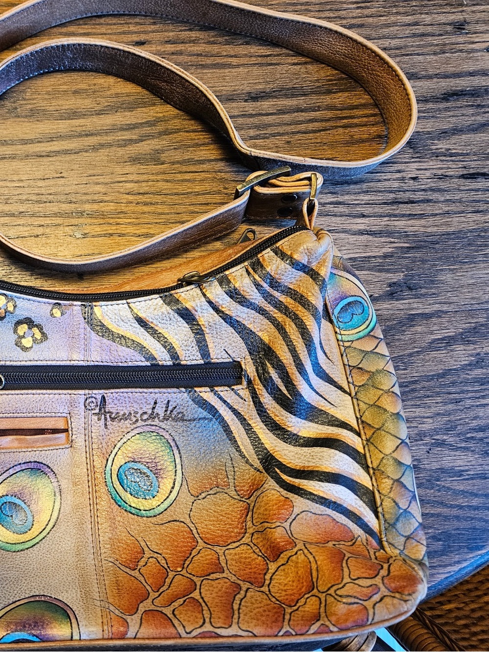 Anuschka Hand-Painted Shoulder Bag in Brown, Tan, Blue and Black